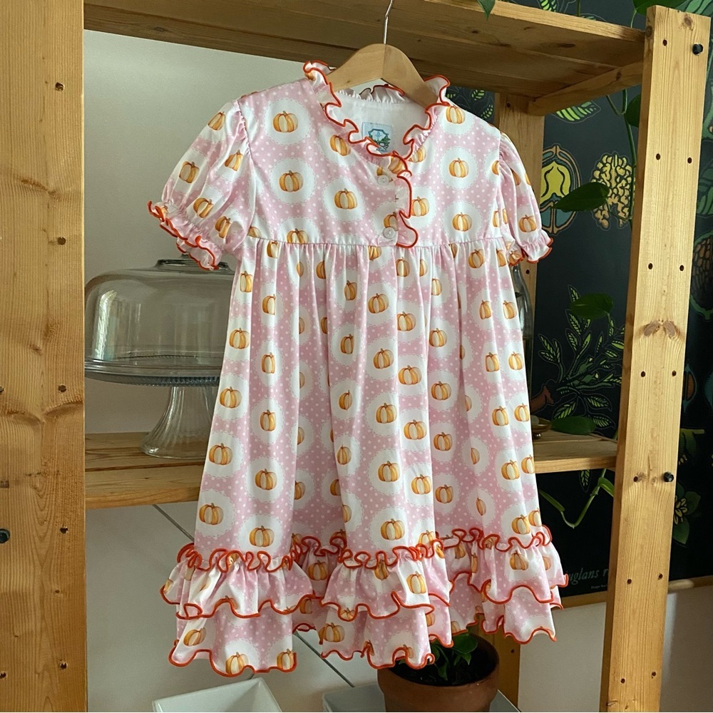 Southern Taters Pink Orange Pumpkin Ruffle Dress 4t - Picture 4 of 16